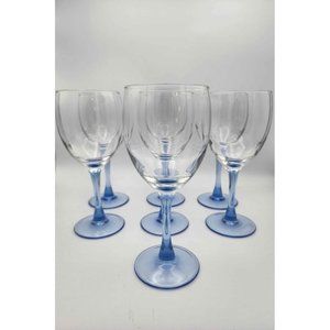 Set of 7 French Crystal Arcopal Luminarc Blue Stemmed Wine Glasses - Stunning!